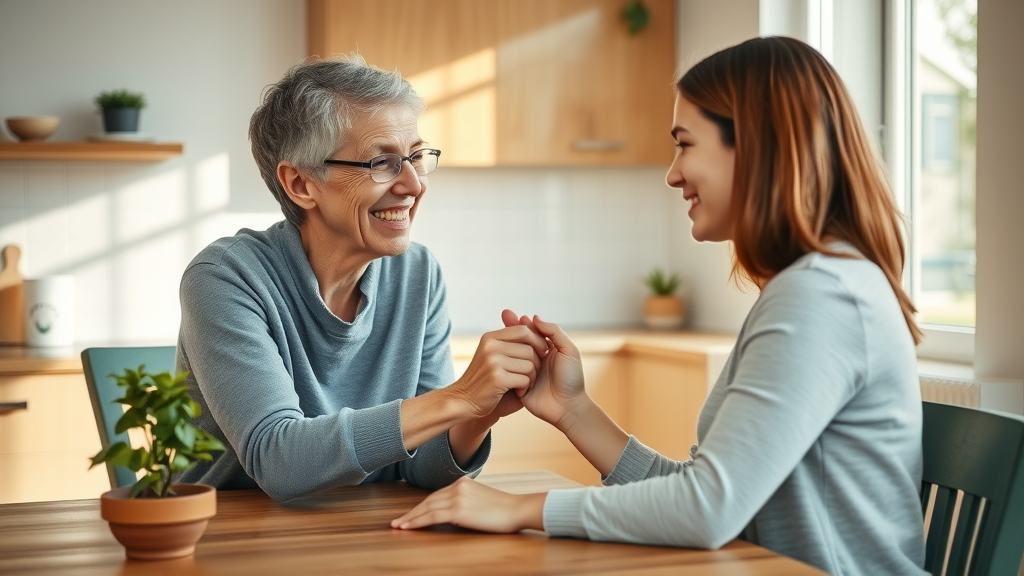 Reassuring caregiver gently holding teen
