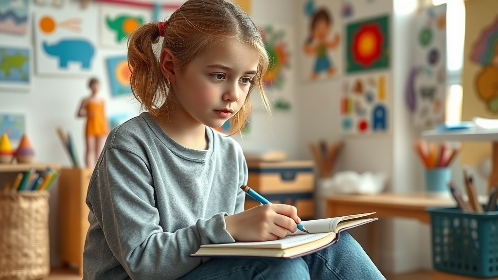 A thoughtful teenage girl sitting and drawing in a journal during a teen art therapy activity in a creative studio, surrounded by colorful art supplies and artworks, soft pastel colors, warmly lit.