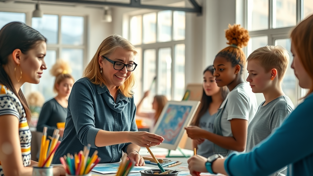 A compassionate art therapist guiding a diverse group of teenagers during art therapy activities in a sunny open art room with vibrant supplies and inclusive interaction.