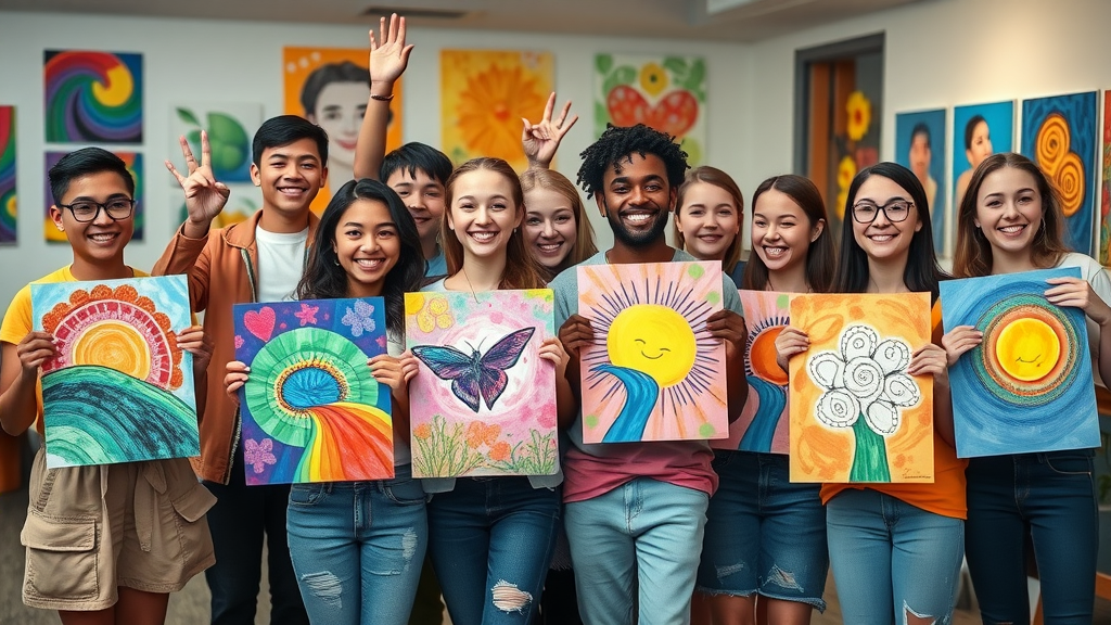 A happy, diverse group of teens holding completed colorful art projects during therapy at a community center, connected and excited, vivid multi-colored art room.