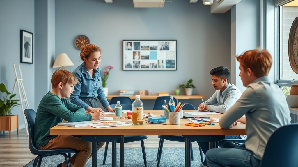 A caring counselor sets up art therapy activity tables for preteens and older teens, with age-appropriate materials in a modern therapy room, blue and earth tones.