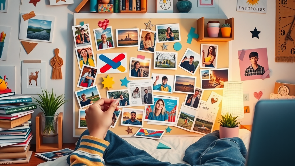 A creative teenager thoughtfully assembling a colorful vision board during art therapy in a cozy bedroom, with carefully arranged photos and magazine cutouts.