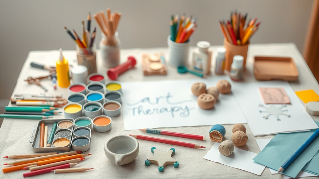 A neatly arranged table of art therapy supplies for teens, including paints, colored pencils, clay, and various papers, in soft natural lighting, ready for therapy activities.