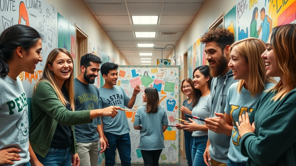 A lively group of teenagers working together on a collaborative mural during art therapy activities in a school hallway filled with sketches and color palettes, vibrant teamwork.