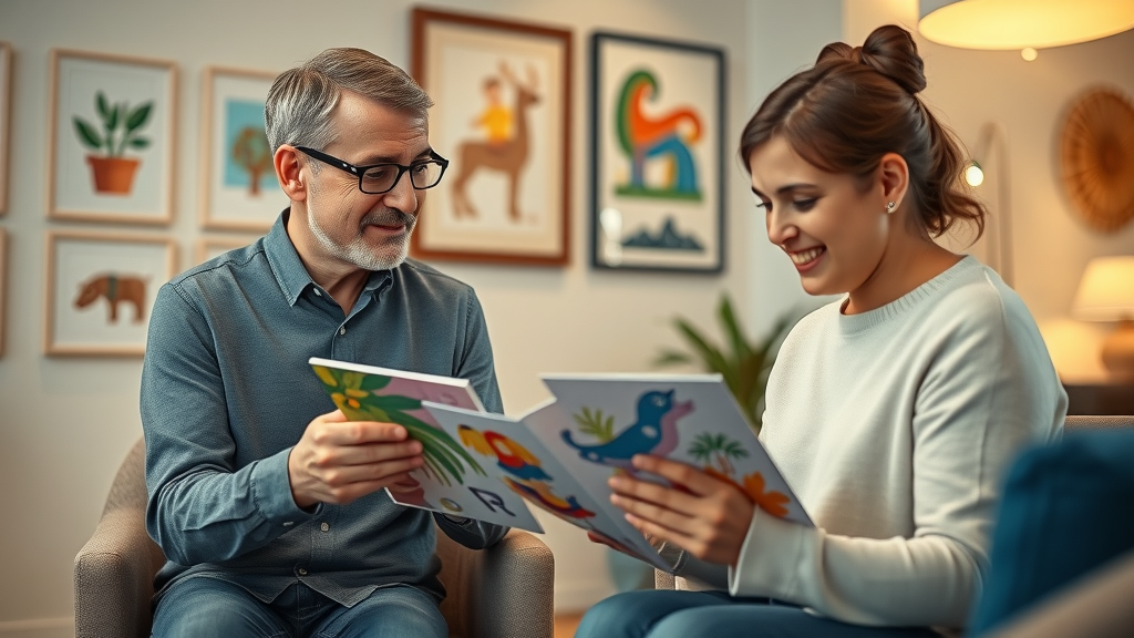 An attentive therapist reviewing colorful art projects with a smiling teen and their caregiver in a well-lit counseling office, family engagement in therapy.