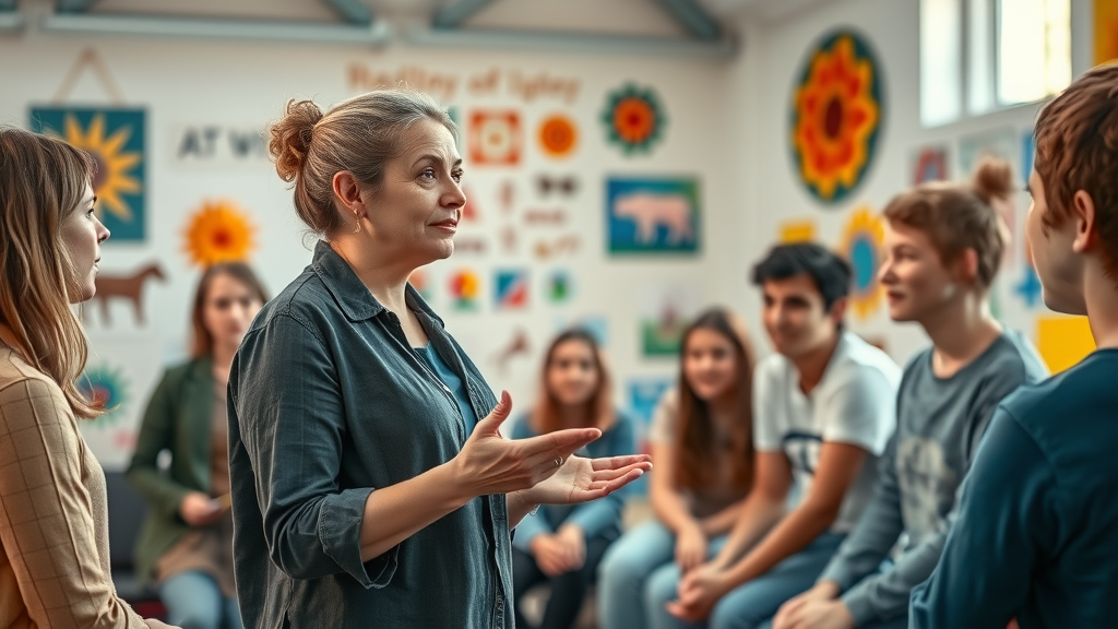 An expert art therapist leads a group of attentive teens during an art therapy class in a vibrant art room with colorful installations and positive group energy.