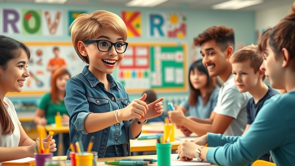 An enthusiastic school counselor leads a group of engaged teens in painting during a school art therapy event, bright classroom and lively participation.