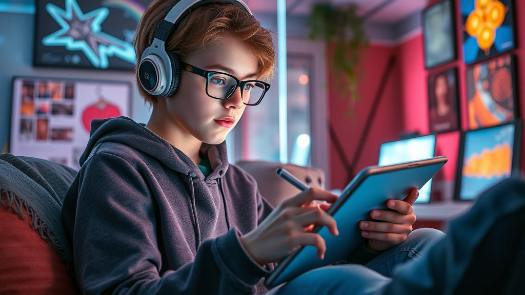 A tech-savvy teen uses a digital tablet for art therapy activities in a futuristic room, surrounded by smart devices and holographic art samples, cyberpunk colors.