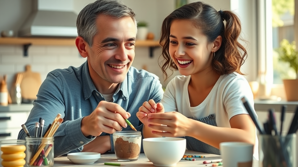 A supportive parent and teen making cheerful art together at a sunny kitchen table, art supplies and ceramics visible, natural smiles, home therapy activities.