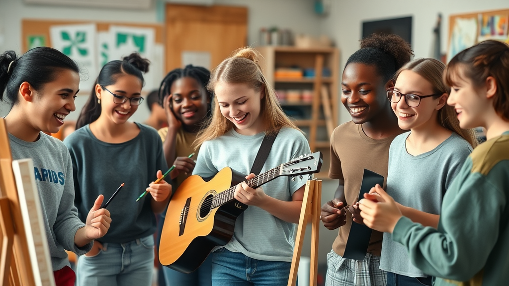 inspiring group of teenagers, diverse, joyful, engaged in painting and music, smiling and animated, collaborating happily, community center with art materials and instruments in background, creative outlets for teens, highly detailed, vibrant movement, 4k resolution, balanced natural color, soft daylight, shot with a 35mm lens.