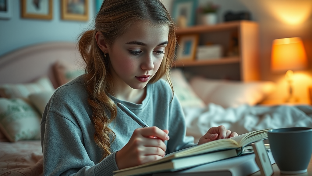 thoughtful teenage girl, reflective, journaling with pen in a cozy bedroom, deep in concentration, creative outlets for teens, decorated bedroom with warm, inviting decor, highly detailed, pastel colors, 4k resolution, shot with a 50mm lens.