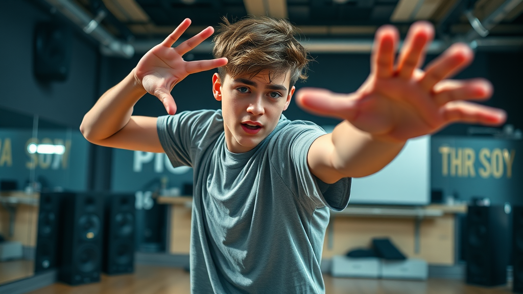 energetic teenage boy, focused, dancing in studio, expressing with dynamic dance moves, creative activities for teens, urban dance studio background with mirrors and speakers, highly detailed, dramatic pose, 4k resolution, shot with a 24mm lens.