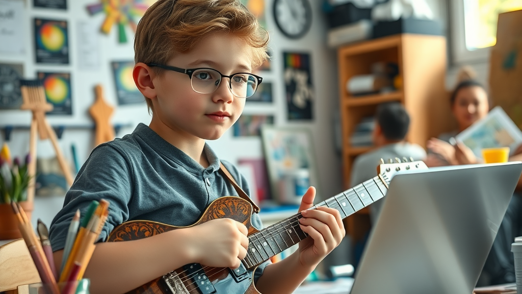 curious teenage student, inspired, exploring creative hobbies with paints, guitar, and laptop, creative outlets for teens, creative home workspace, art supplies and tech gadgets, highly detailed, colorful, 4k, diffused sunlight, shot with a 35mm lens.