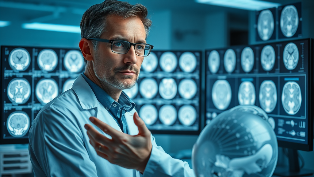 attentive scientist, professional, analyzing brain scans of teenagers in lab, reviewing stress reduction in creative activities, modern research lab with computer screens and MRI images, creative activities, highly detailed, 8k resolution, shot with a 50mm lens.