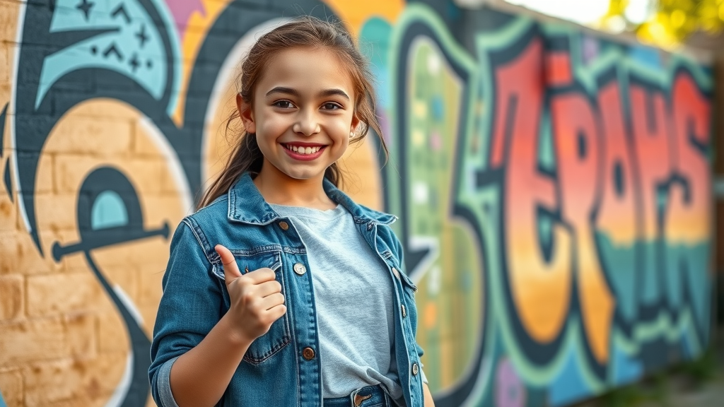 hopeful teenage girl, confident, presenting a colorful mural she painted, creative outlets for teens, proud and smiling, outdoor urban wall, community art, highly detailed, 4k, shot with a 35mm lens.