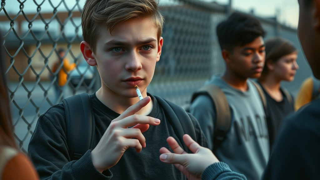 concerned teenager declining substance use amidst peer pressure, illustrating mental health and risky behaviors in teens