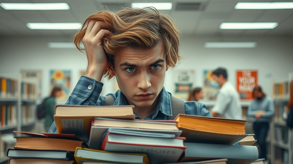 stressed student surrounded by books feeling academic pressure, illustrating school risk factors for risky behavior in teens