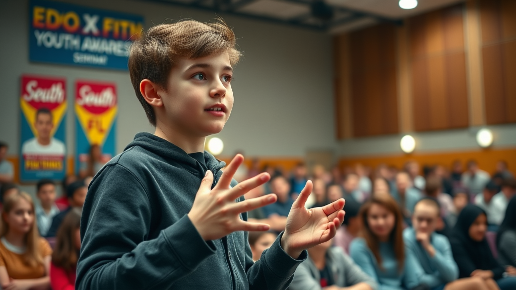 motivated teen speaker leading a youth awareness seminar on mental health and risky behaviors