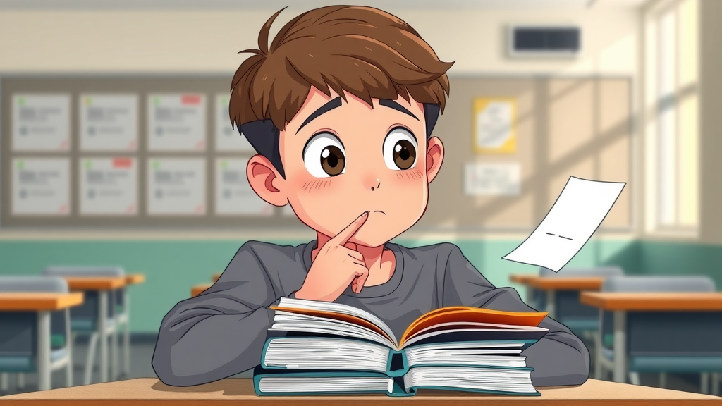 thoughtful teenager reflecting negative effects of marijuana, sitting with closed books in empty classroom