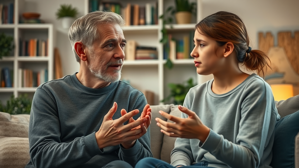 concerned parent and teen in empathetic conversation about drug use, warm and inviting living room setting