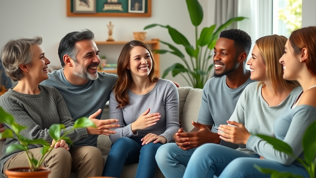 Diverse family with teens talking - balanced parent parenting style living room, cozy decor, relaxed and engaged