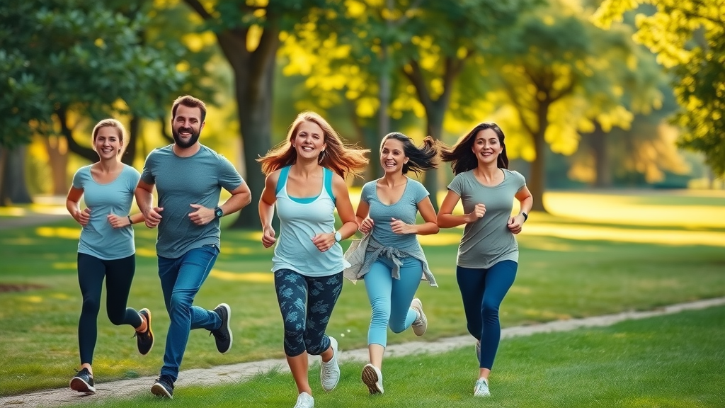 Active family jogging in park - shared interests with teen boys girls, balanced parenting, joyful connection