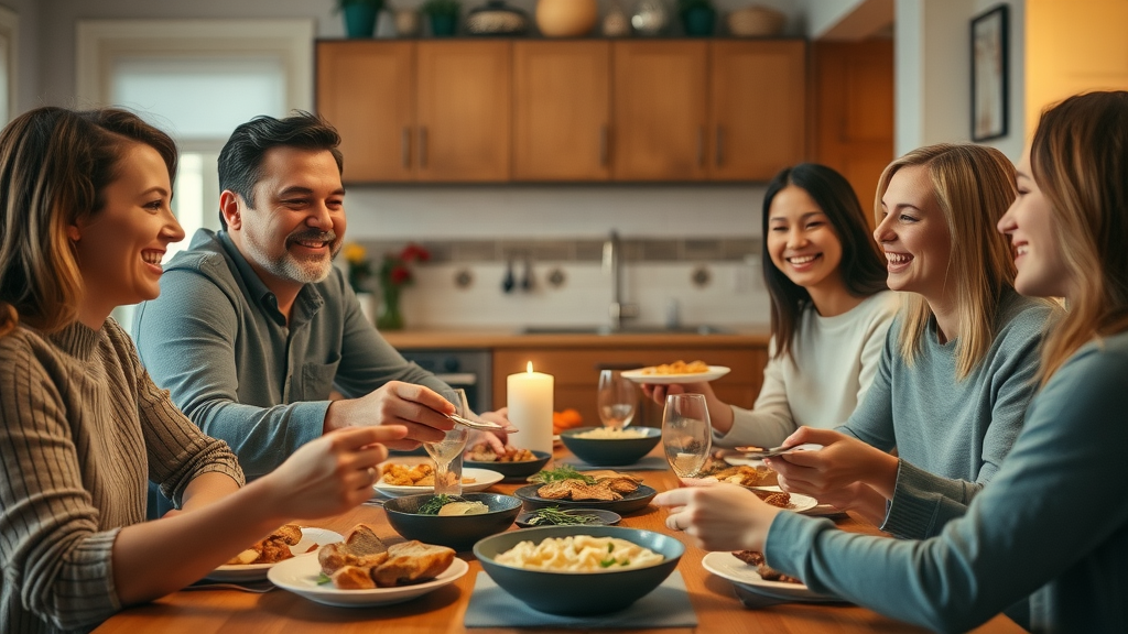 Smiling family of four, parents and teens at dinner, balanced parent example, shared meal connection