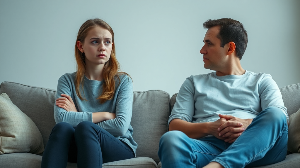 Concerned teen girl with parent, managing conflict, balanced parenting, gentle tension, soft living room