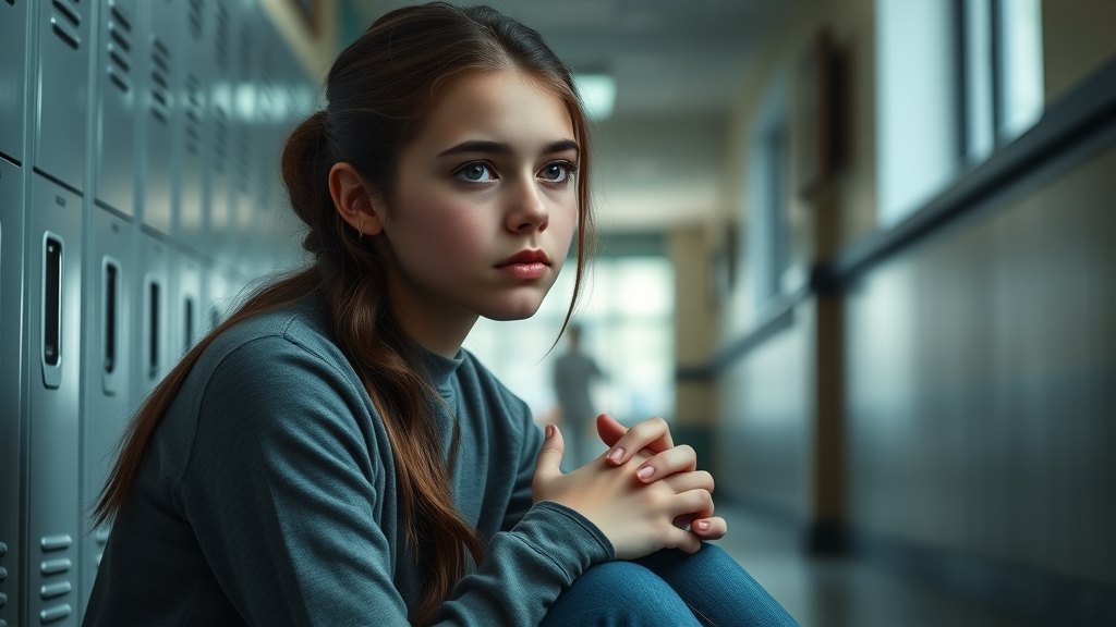 Somber teenage girl sitting pensively, thoughtful expression, school hallway, troubled teen
