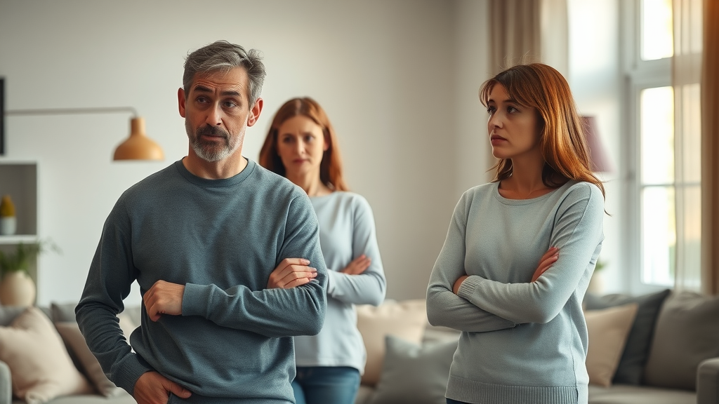 Parents watching troubled teen with withdrawn body language, warning signs in troubled teenager, family living room
