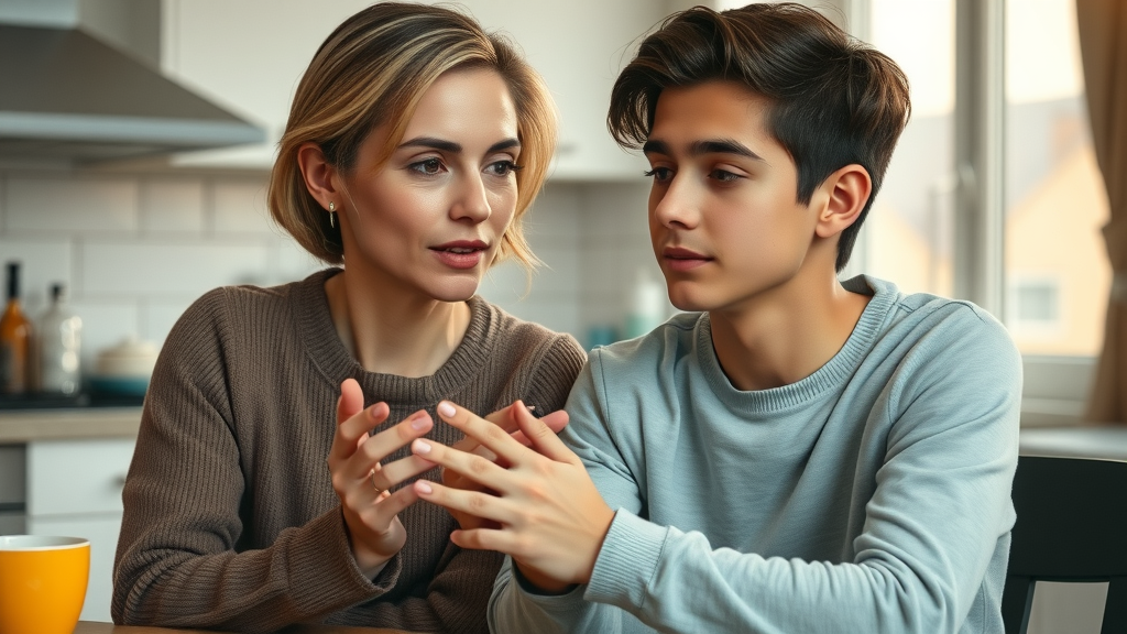 Supportive mother practicing active listening with troubled teenage son, open kitchen, parenting strategies