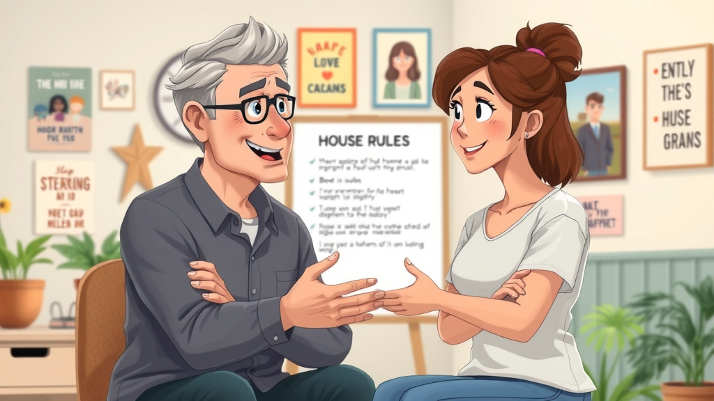 Parent and teenager discussing house rules, clear boundaries for troubled teen, gentle authority, house interior, cartoon style