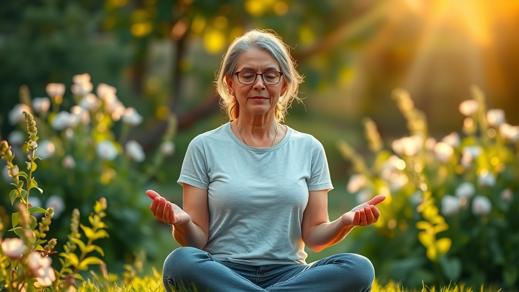 Parent practicing mindfulness and self-care for parenting troubled teen, garden background, emotional stability