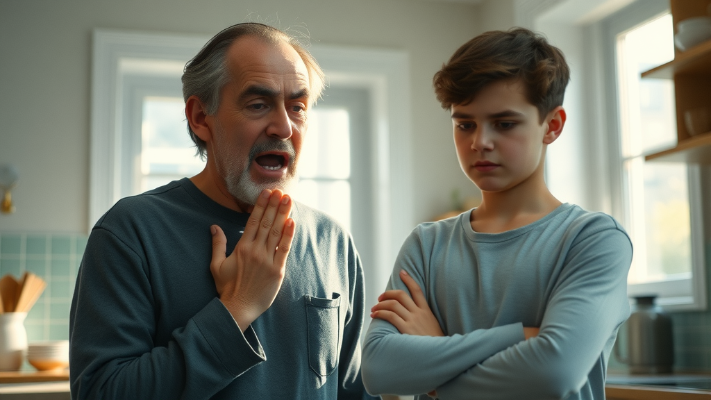 Overwhelmed parent taking a deep breath with stubborn troubled teen, parenting under stress, kitchen interior