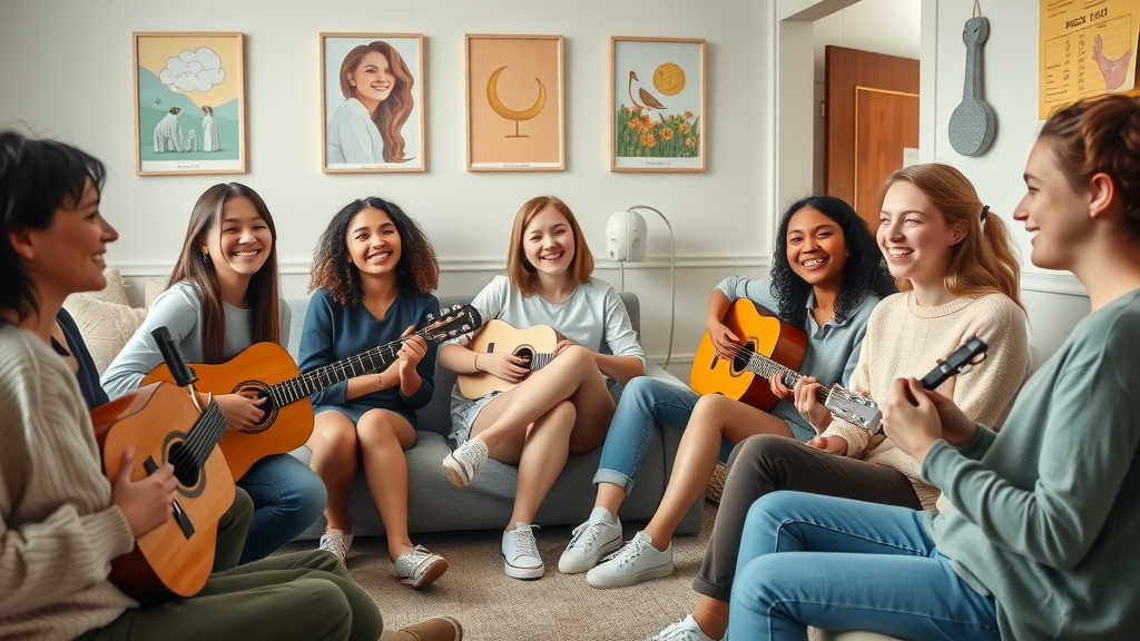 uplifting diverse group of teenagers sitting in a comfortable circle, some holding musical instruments, smiling and engaged, photorealistic therapy room; music as therapy for teens