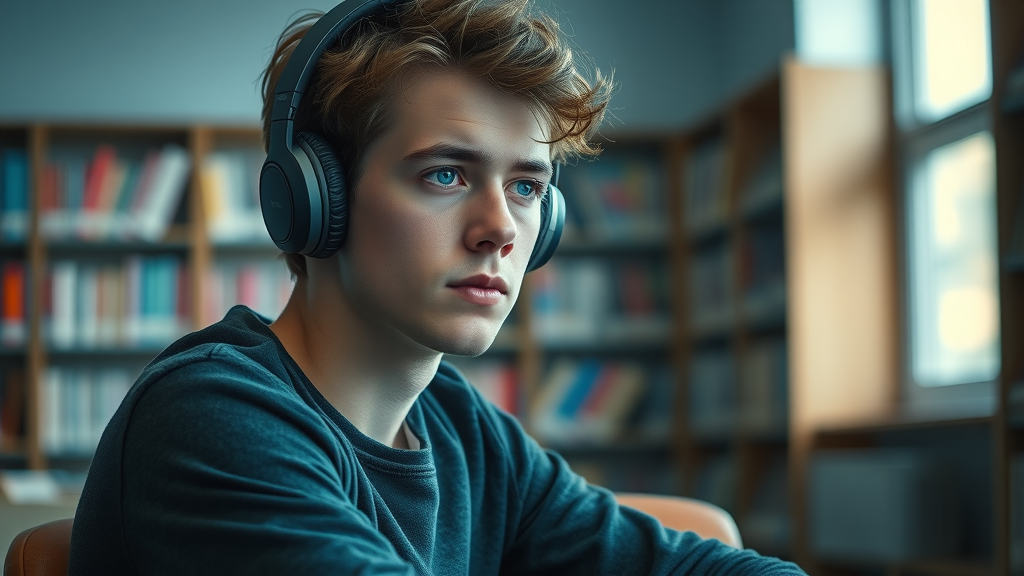 concerned teenage boy sitting alone with headphones, thoughtful expression, music therapy for adolescent mental health