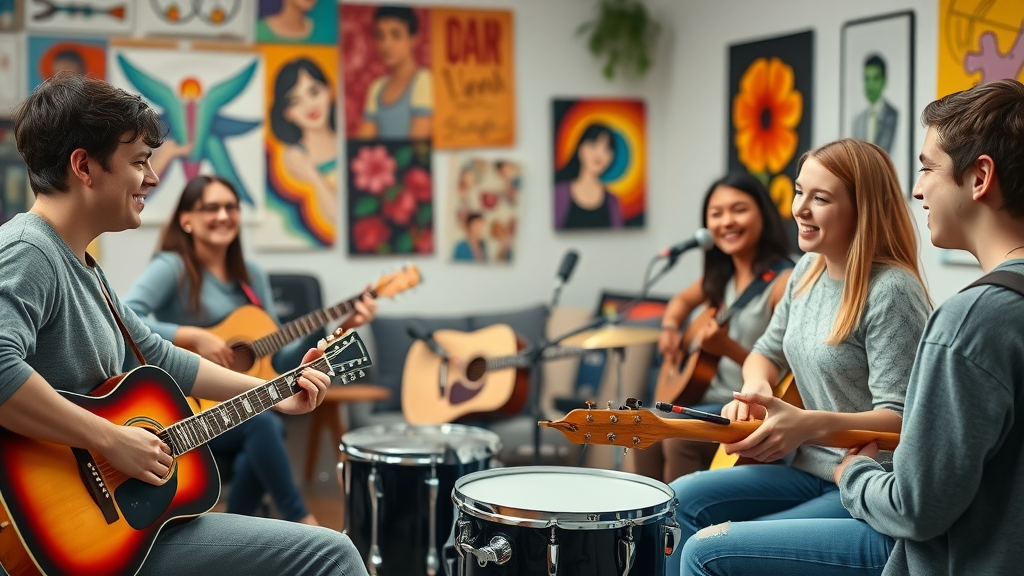 experienced music therapist guiding teens with instruments; music therapy for adolescent mental health