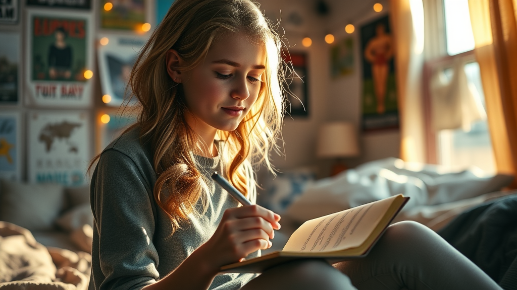 hopeful teenage girl writing lyrics in a notebook in a cozy room; overcoming depression through music therapy