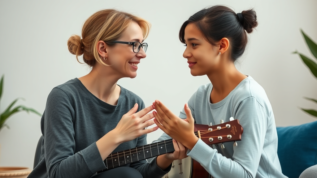 music therapist and teen exchanging supporting look in counseling setting; adolescent mental health through music therapy