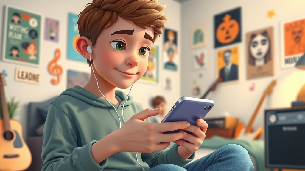 teen boy creating music playlist in bedroom; building healthy music listening habits for therapy