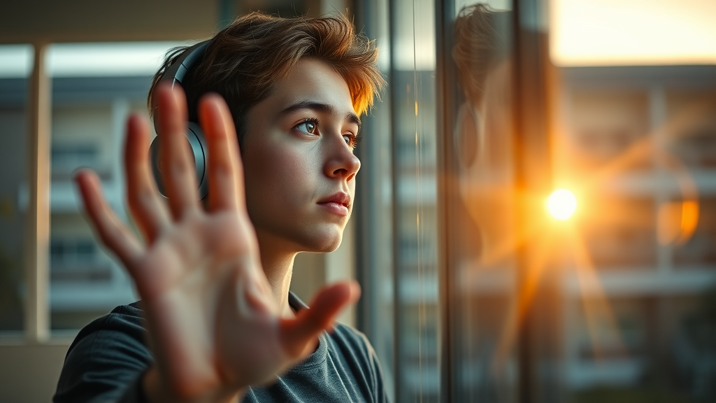 forward-looking teen with headphones, hopeful about future; embracing music as therapy for teens