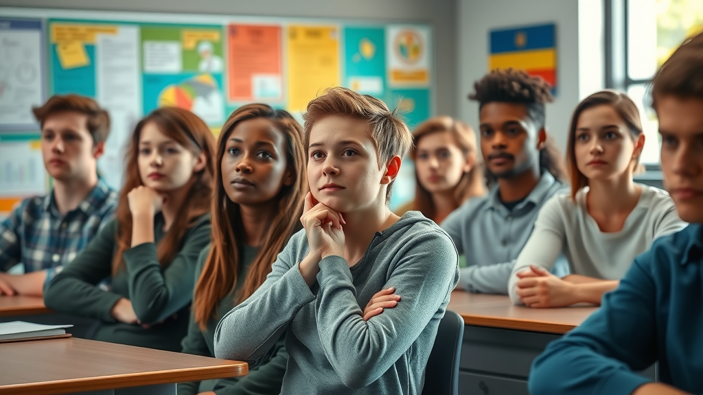 Concerned high school students discussing why teens struggle in school, diverse group in modern classroom with educational posters, students with thoughtful expressions under natural daylight.
