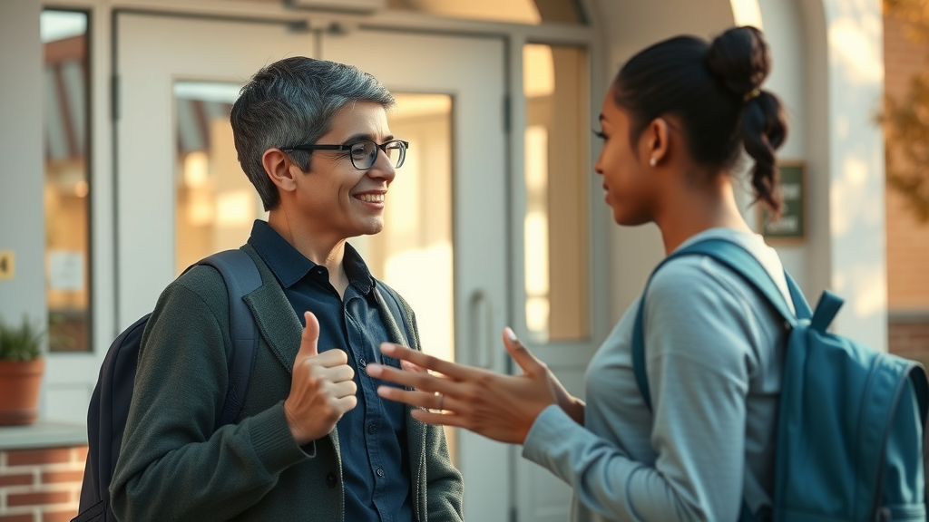 Thoughtful teacher observing a student using learning aids in a classroom, representing how recognizing learning disabilities can help solve why teens struggle in school.