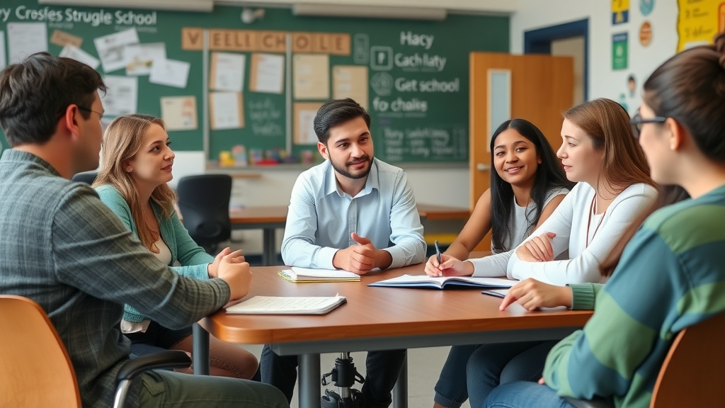 Parents, teachers, and teens in a collaborative school meeting discussing solutions to why teens struggle in school, showing teamwork and support.