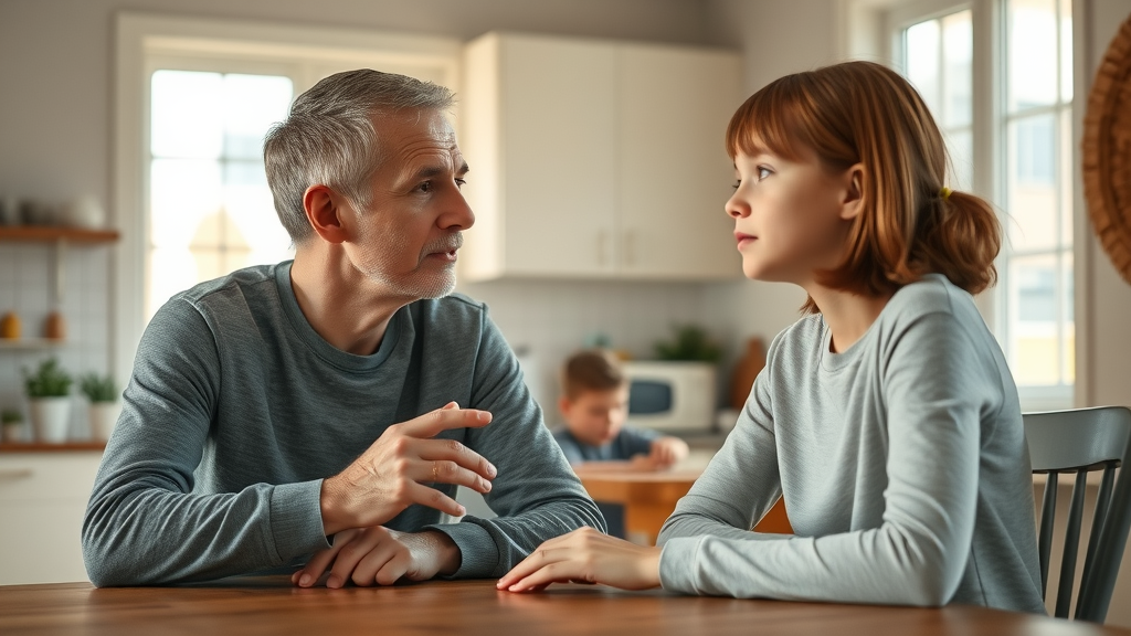 Thoughtful parent and adolescent discussing communication with rebellious teens at kitchen table in warm sunlight, photorealistic lifelike detailing