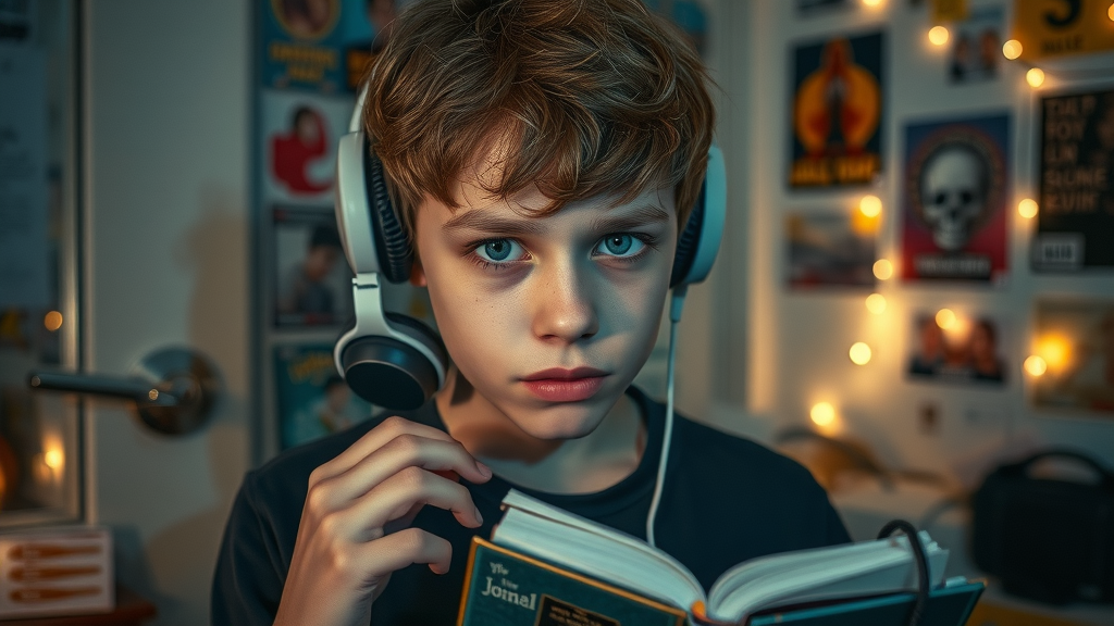Curious teenager navigating independence during rebellious phase, surrounded by symbols like headphones and a journal in a pastel, softly lit bedroom