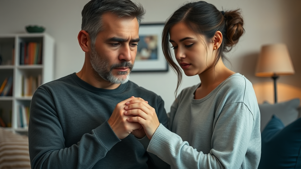 Parent gently supporting a withdrawn rebellious teenager, illustrating mental health support in cozy living room