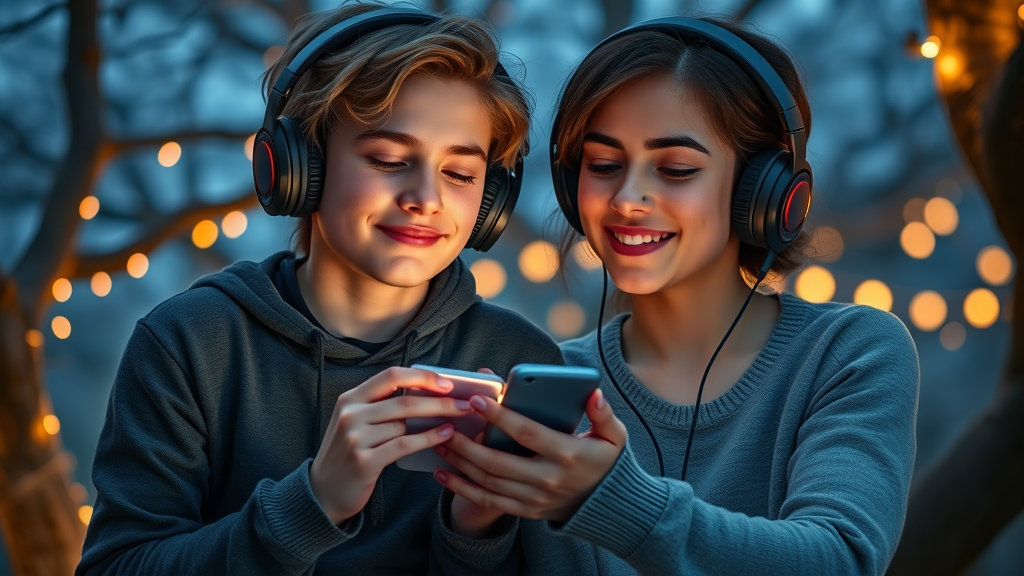 Parent and rebellious teenager sharing headphones, connecting through music in a whimsical outdoor setting
