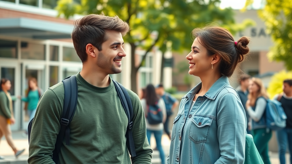Optimistic rebellious teenager and supportive parent smiling with understanding outside a school, symbolizing successful communication