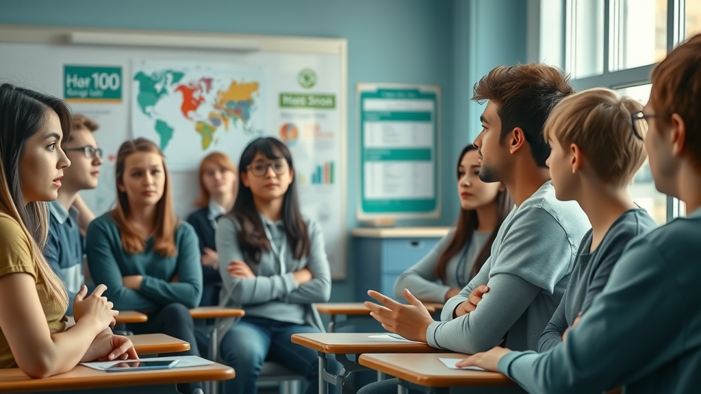 Impactful high school classroom scene showing teenagers attentively listening to a teacher about drug use statistics as part of school-based prevention programs